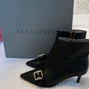 All Saints Rebecca buckle-embellished heeled leather ankle boots with box